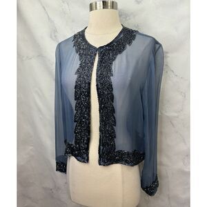 Vintage Gatsby beaded sheer chiffon cardigan blue Glamour Sz S Formal Jacket